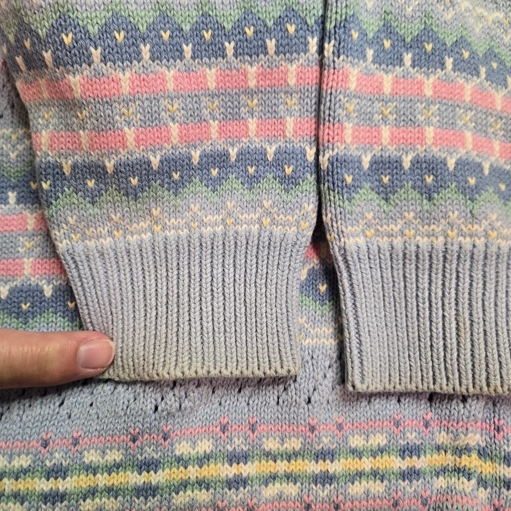 Lizsport Vintage‎ Fair Isle Cardigan Sweater Blue Pastel Cotton Knit USA Made M
